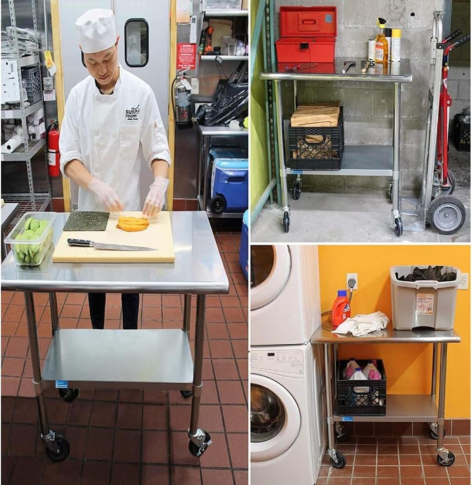 AmGood Stainless Steel Work Table with 2 Shelves and Casters | Metal Utility Table On Wheels (Stainless Steel, 84" Long x 24" Deep)