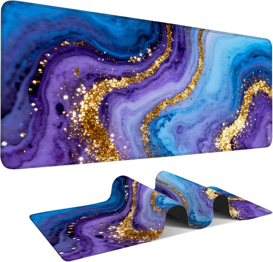 Blue and Gold Stripes Gaming Mouse Pad 35.4"x15.7"Desk Mat Anti-Slip Rubber Base & Durable Stitched Edges for Gamers Smooth Mouse Writing Surface for Desk Office/Home