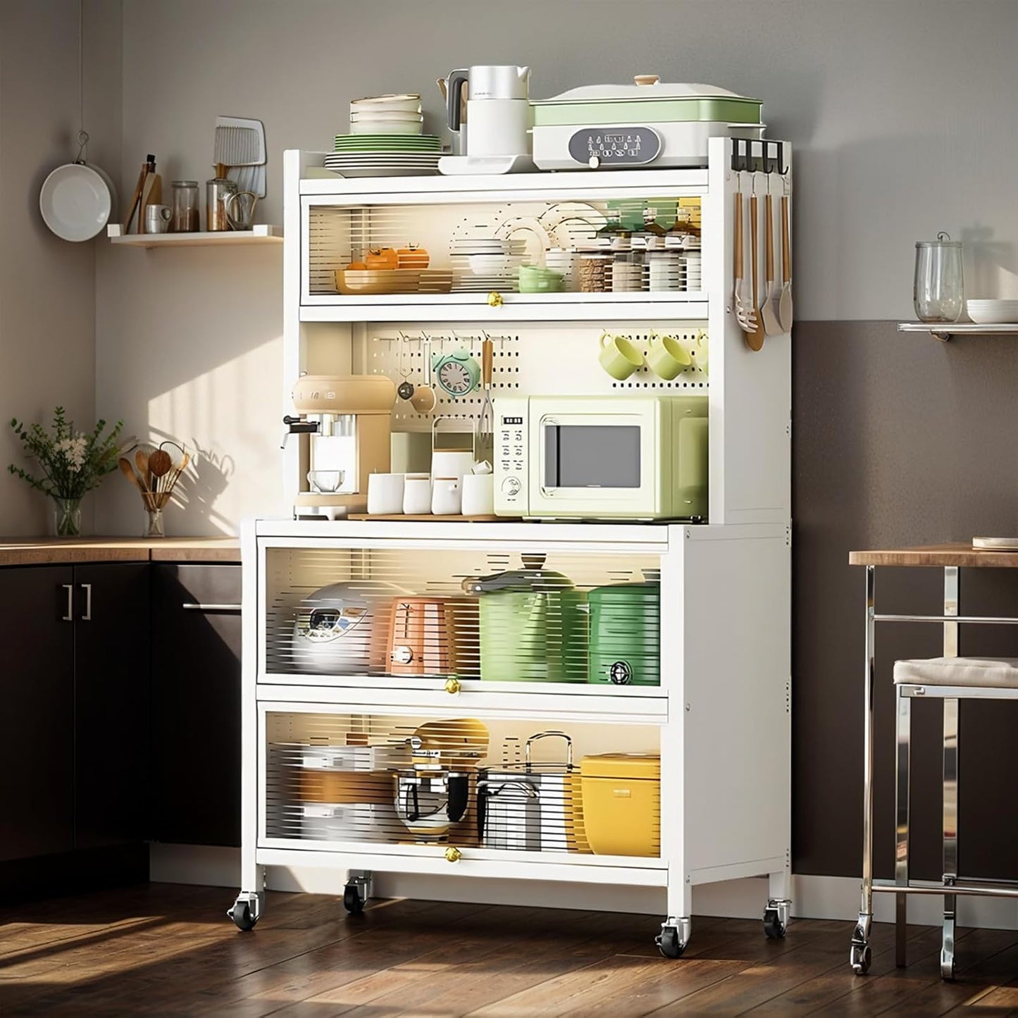 Mobile Kitchen Storage Cart with Wheels,Wheeled Multi-Layer Floor Storage Cabinet with Locker Hole Board Freestanding Storage Cabinet Rust Proof Microwave Oven Pot Oven Rack