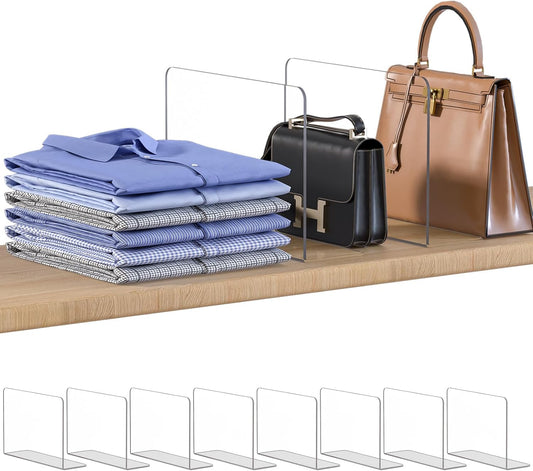 OKPOW Shelf Dividers Closet Organizer - 7.5" Tall X 11.8" Deep Acrylic Clear Sturdy Separate for Clothes Purse - Adjustable Space Saver Easy Install for Home Organization Enthusiasts 8 Pack