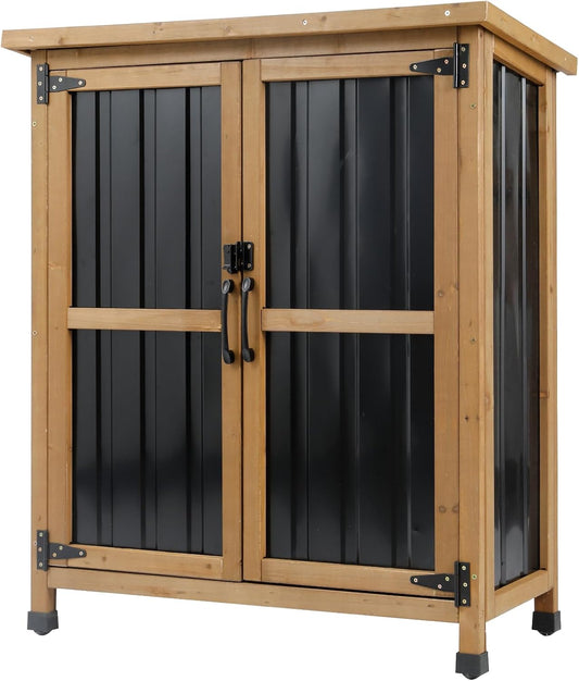 Outdoor Storage Cabinet, Small Wood & Metal Storage Shed with Lockable Doors & Adjustable Shelves, Vertical Outdoor Cabinets for Patio Backyard,Garden Tool Shed and Accessories, Brown