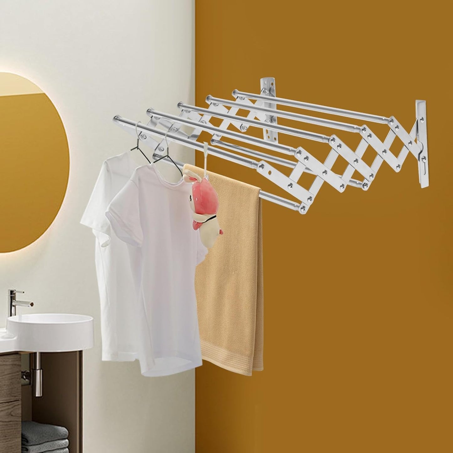 Wall Mounted Laundry Drying Rack, Retractable Clothes Drying Rack with Stable Base, Stretching Back, Forth, Left, Right, Folding Clothing Collapsible for Clothes Hanging