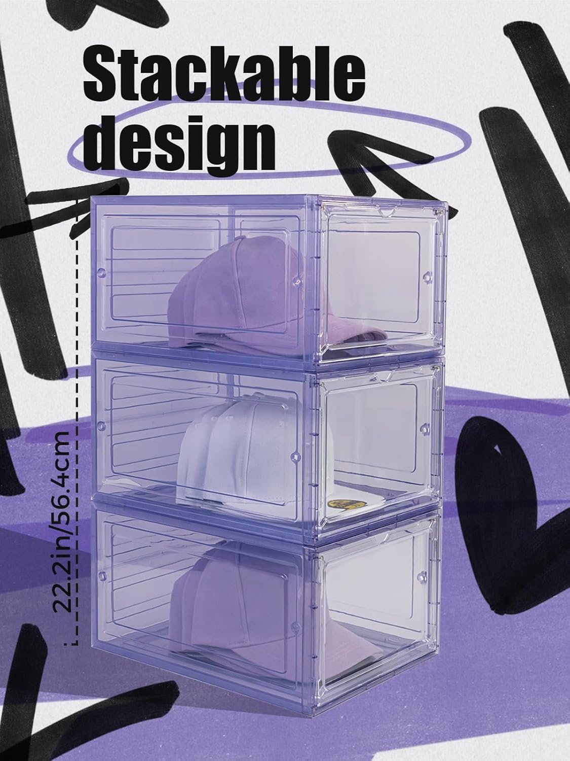6 Pack Hat Organizer Box, Stackable Clear Baseball Caps Holder Box Containers with Magnetic Door for Hats Snapback Cap Storag, Hat Rack Display Case, Holds 8 Hats Each (Purple)