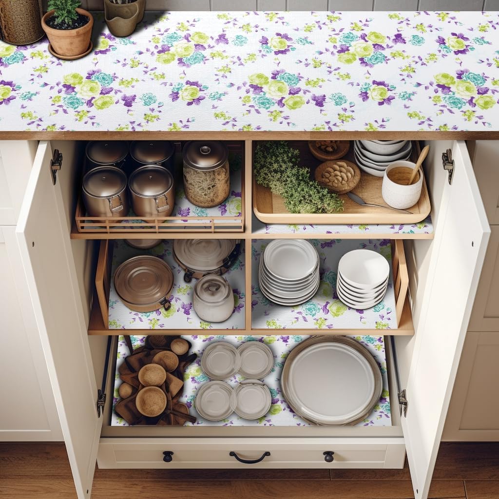 12" W x 120" L Floral Drawer and Shelf Liner for Cabinets, Non-Adhesive Strong Grip Non-Slip Flower Shelf Cabinet Kitchen Shelf Liners for Kitchen Cabinets