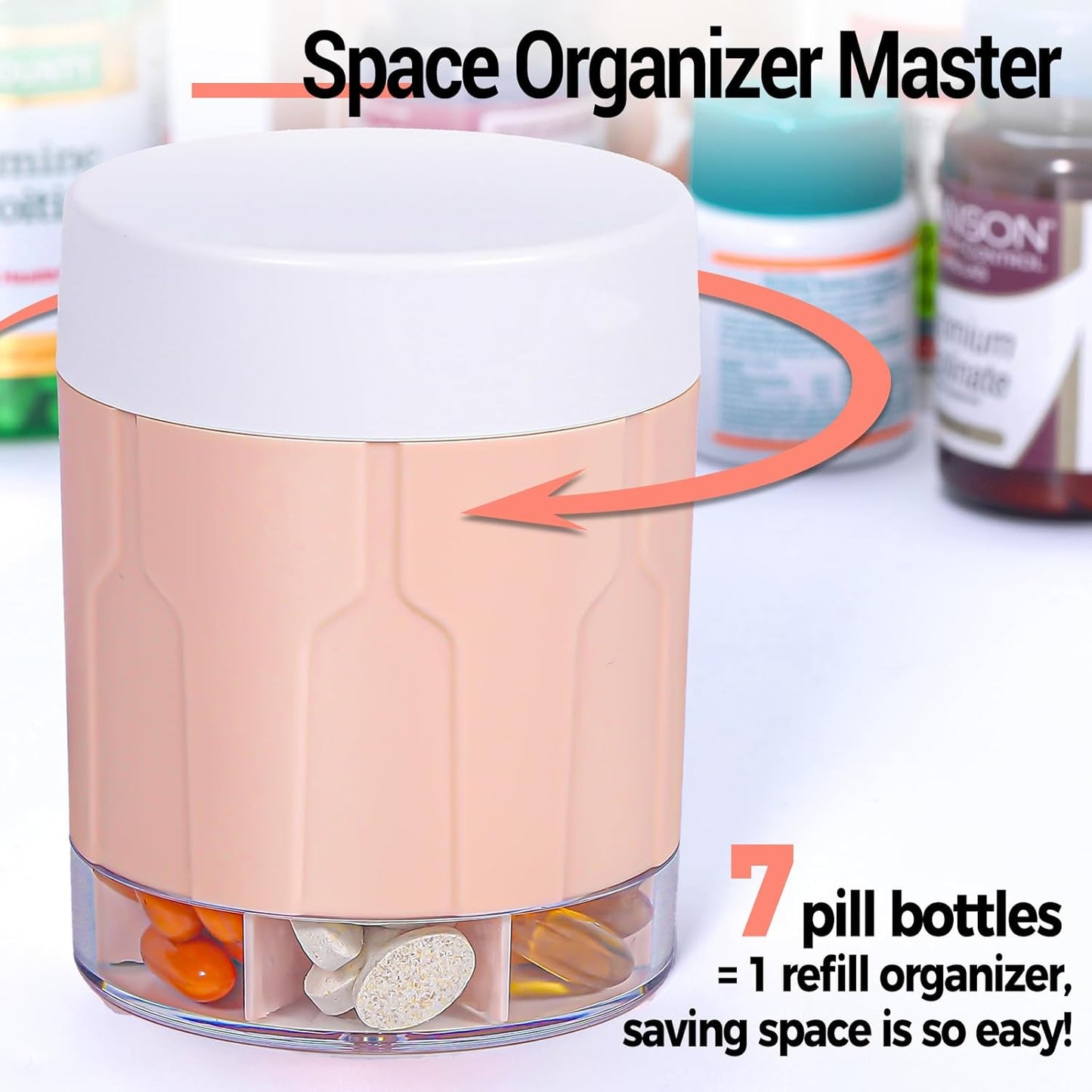 Betife Extra Large Supplement Organizer,Weekly Pill Organizer Bottle, Daily Pill Dispenser with 7 Large Compartments, Organizer to Hold 7 Day Vitamin Medication,21 Labels and a Cleaning Brush（Pink）