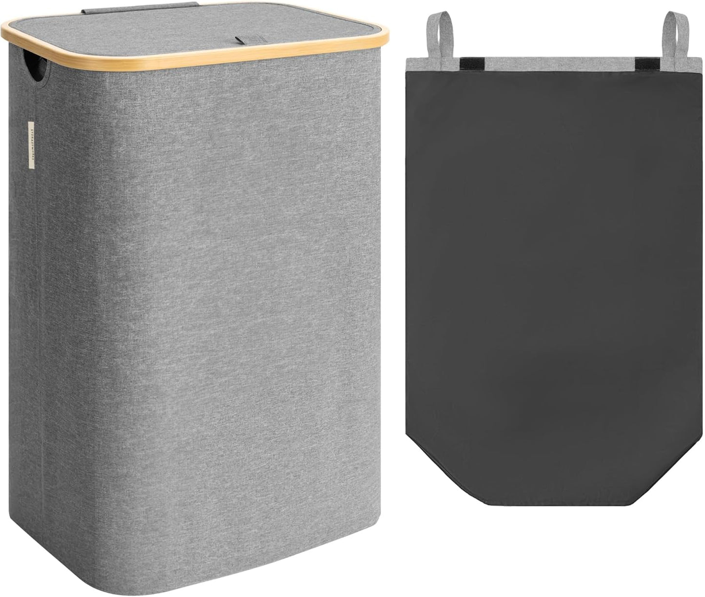 StorageWorks 100L Large Laundry Hamper with Lid, Tall Laundry Basket with Bamboo Handles and Removable Inner Bag, Collapsible Laundry Hamper for Clothing, Towels, Dark Grey, 1-Pack