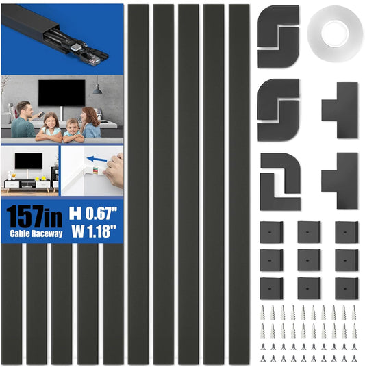 Delamu 157in Cord Hider, Cord Cover Wall Cable Management, Paintable Wire Cover for Cords, Cable Hider Raceway Kit, Cable Cover Concealer, Wire Hiders for TV on Wall, 10 X L15.7 W1.18 H0.6in, Black
