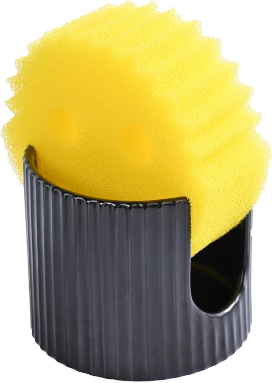 Ceramic Sponge Holder for Kitchen Sink - Dishwasher Safe Porcelain Dish Sponge Caddy Minimalist Vertical Stripes, Scrub Daddy Drying Rack for Countertop, Bathroom, Kitchen Sink Organizer, Black