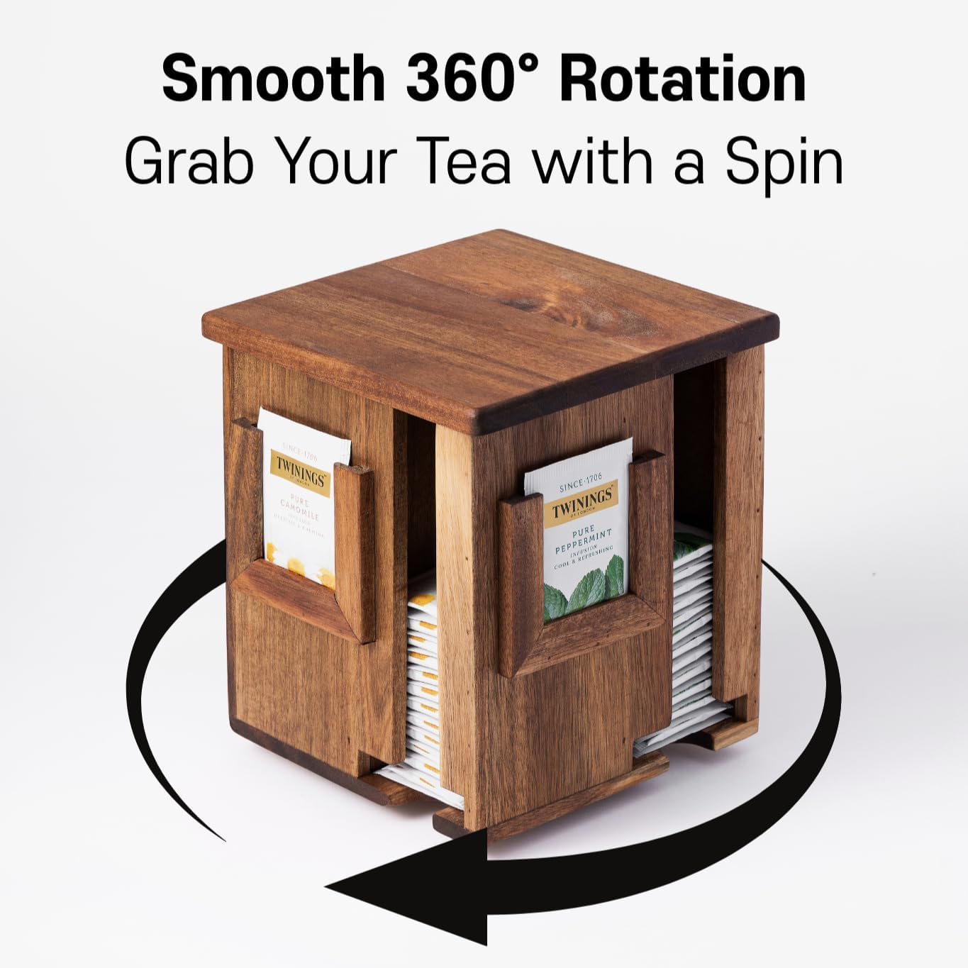 Rotating Tea Bag Organizer – Acacia Wood 4-Sided Storage Box for Home or Office