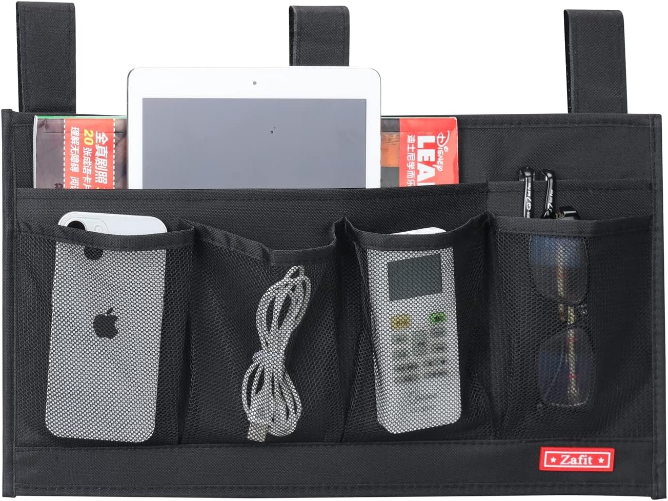 Hanging Bedside Caddy, Bedside Storage Organizer for Magazine, Phone, Remote control (6 Pockets-Black)