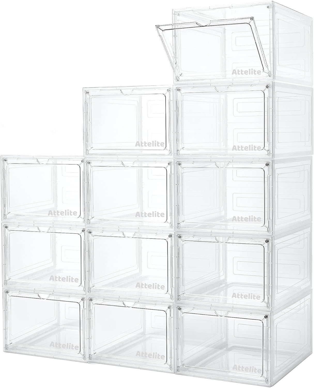 Attelite Upgrade 12pack Shoe Box Storage Containers,Thicken Sturdy Clear Stackable Plastic Shoe Organizer Box with Magnetic Door, X-Large Drop Front Shoe Box