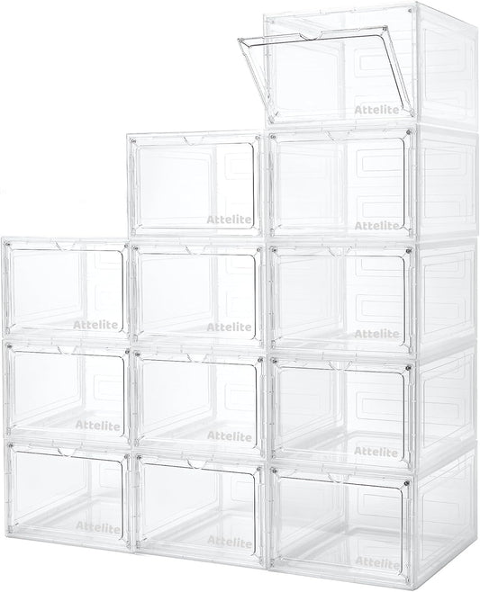 Attelite Upgrade 12pack Shoe Box Storage Containers,Thicken Sturdy Clear Stackable Plastic Shoe Organizer Box with Magnetic Door, X-Large Drop Front Shoe Box