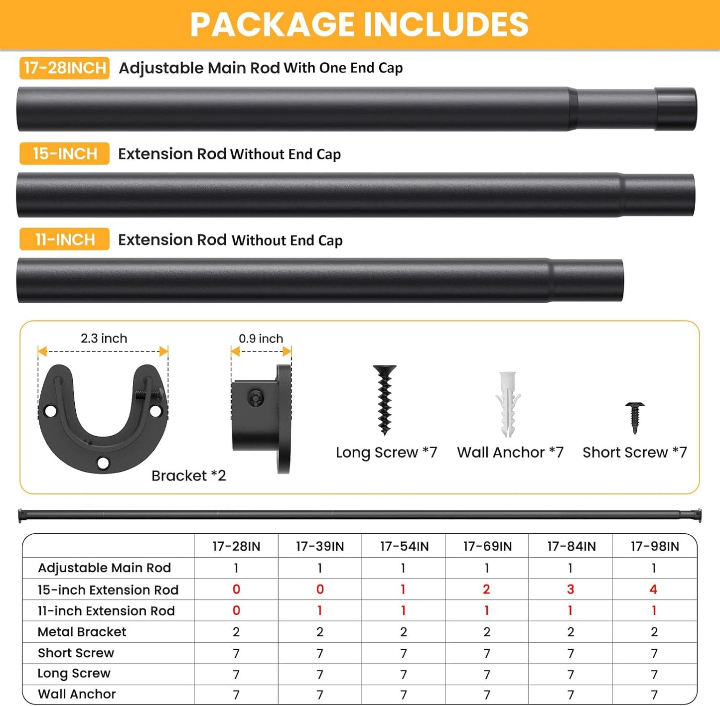 Closet Rods for Hanging Clothes, 17-98 Inch No-Cut Stepless Adjustable Closet Rod, 1.3 Inch Heavy Duty Metal Closet Hanging Rod with Brackets, Black Closet Bar for Closet, Laundry Room, RV, Wardrobes