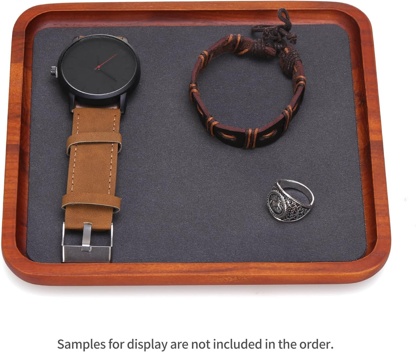 Wooden Jewelry Display Tray Rounded Rectangle Ring Showcase Stackable Elegant Bracelet Watch Jewelry Organizer for Personal Use and Commerce (Gray, Large-W 7'' x H 0.6'' x L 7.9'')