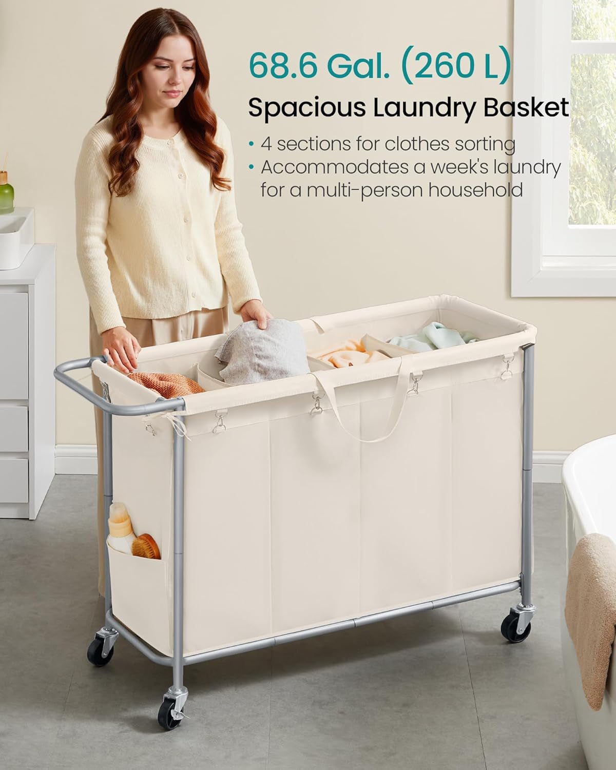 SONGMICS Laundry Basket with Wheels, 4-Section Rolling Laundry Hamper, 68.6 Gallons (260 L), Removable Liner, Steel Frame with Handle, 43.3 x 15.4 x 31.9 Inches, Cream White URLS014W01