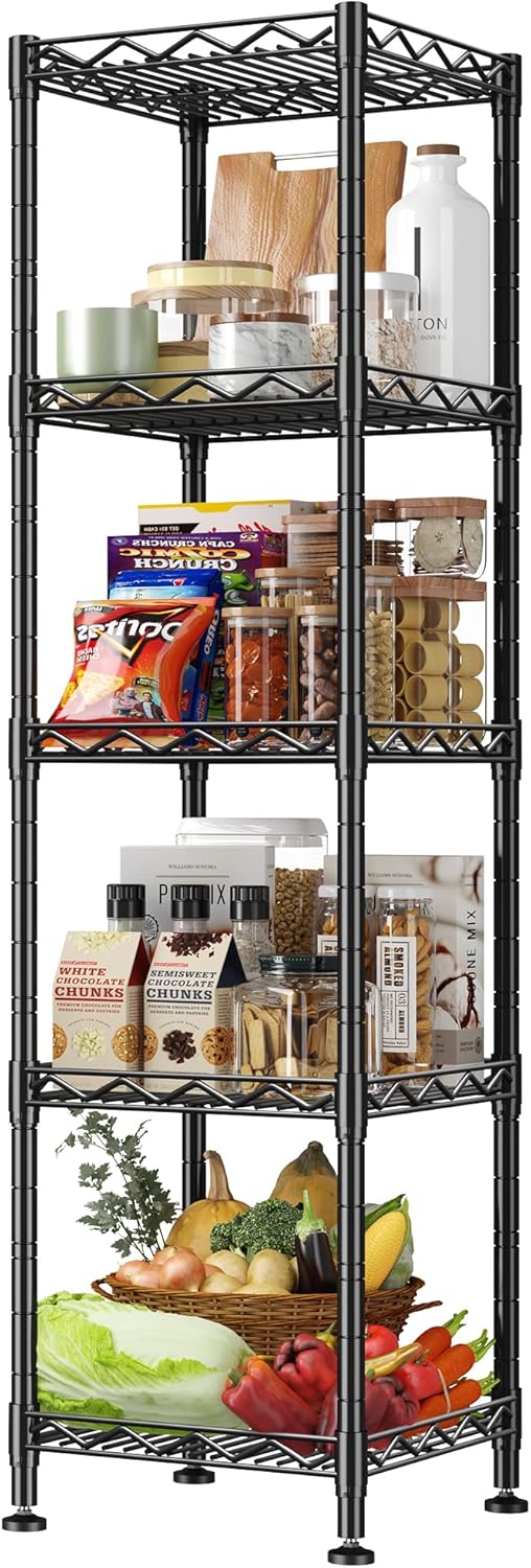 5 Tier Metal Shelving Unit Wire Shelves Storage Rack:Adjustable Storage Shelves Standing Bathroom Shelf and Narrow Shelf for Laundry Dorm Kitchen Pantry Closet Office 12''Wx12''Dx49''H Black