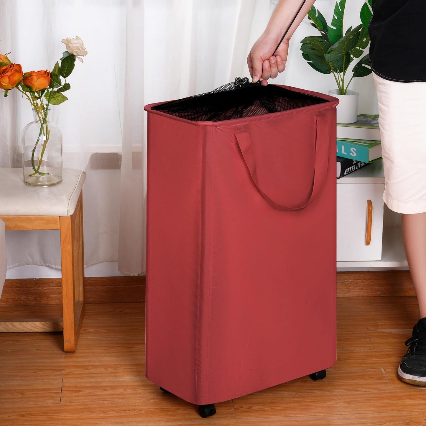 efluky Slim Laundry Hamper with Wheels, Rolling Laundry Basket for Clothes, Small Laundry Basket for Bedroom, Dorm and Laundry Room, 75L (19.8 Gallons) Burgundy Red