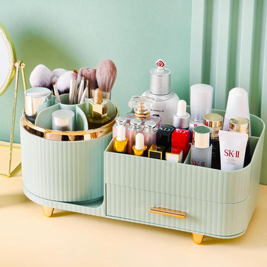 Rotating Makeup Organizer for Vanity with Brush Holder and Drawer, Cosmetic Makeup Storage, Large Spinning Makeup Skincare Organizer, Countertop Makeup Perfume Organizer, Lotions Display Case (Green)