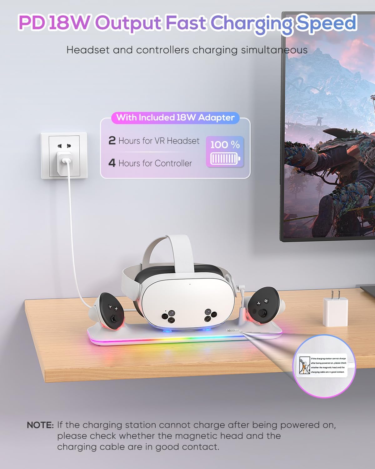 Charging Dock for Meta Quest 3S/Quest 3, Kinwin PD 18W Fast Charging Station for Oculus 3S Accessories with RGB Light, Magnetic Charger Stand for Headset/Controller with 2 Rechargeable Batteries