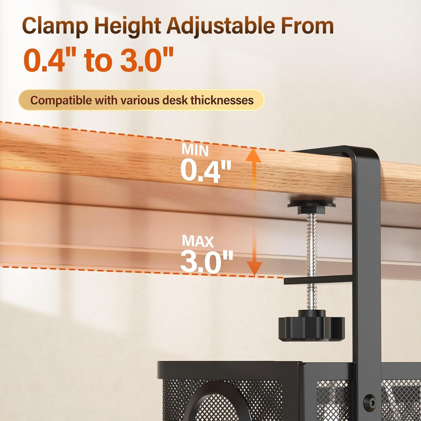 [Upgraded] 2 Pack Under Desk Cable Management Tray, Cinati Cord Organizers for Table Thickness up to 3", 16" Wire Organization with Clamp No Drill, Cable Management Box for Office - No Damage to Desk