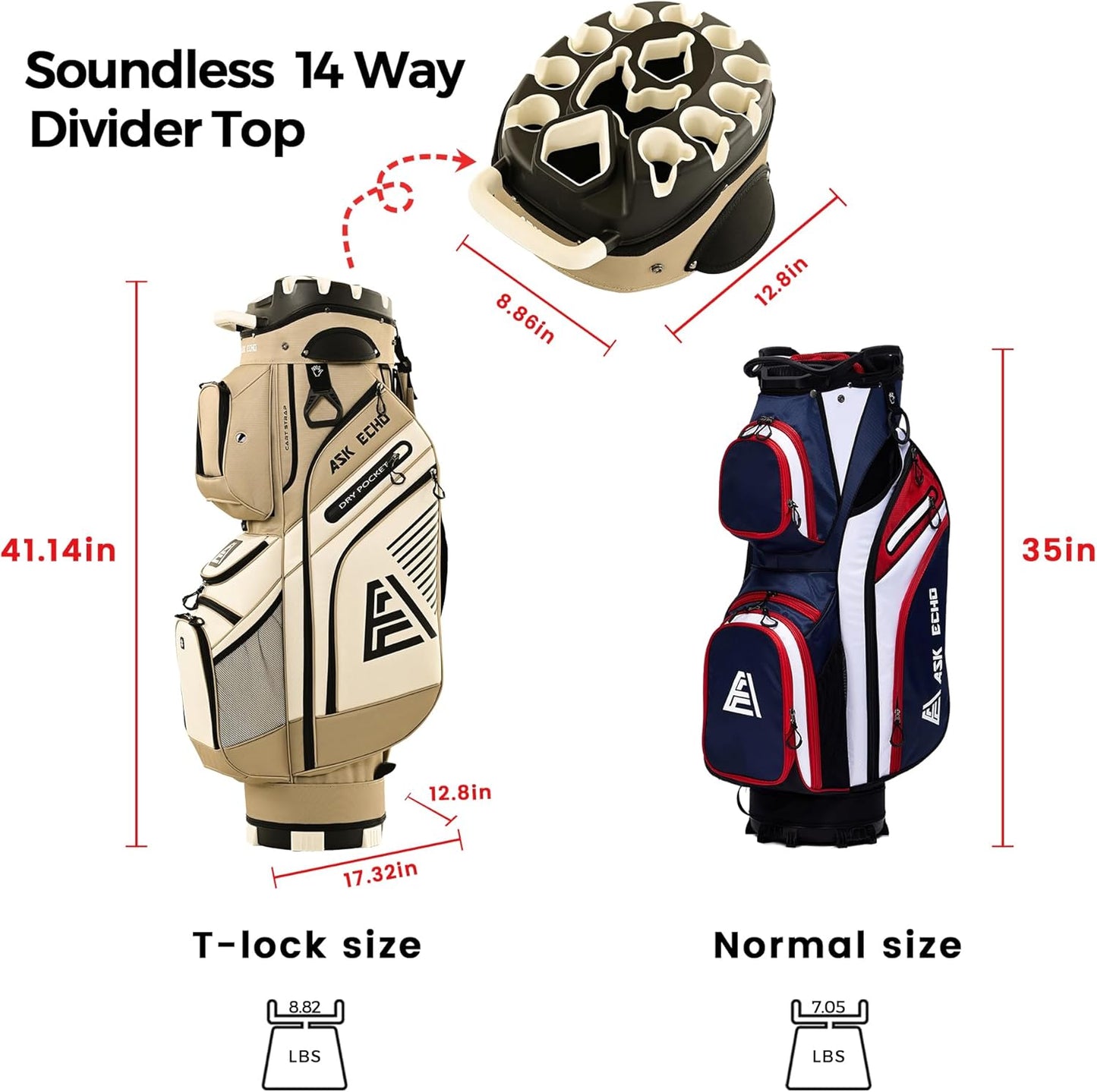 ASK ECHO 2024 T-Lock Golf Cart Bag with 14 Way Organizer Divider Top, Premium Cart Bag with Handles and Rain Cover, for Men