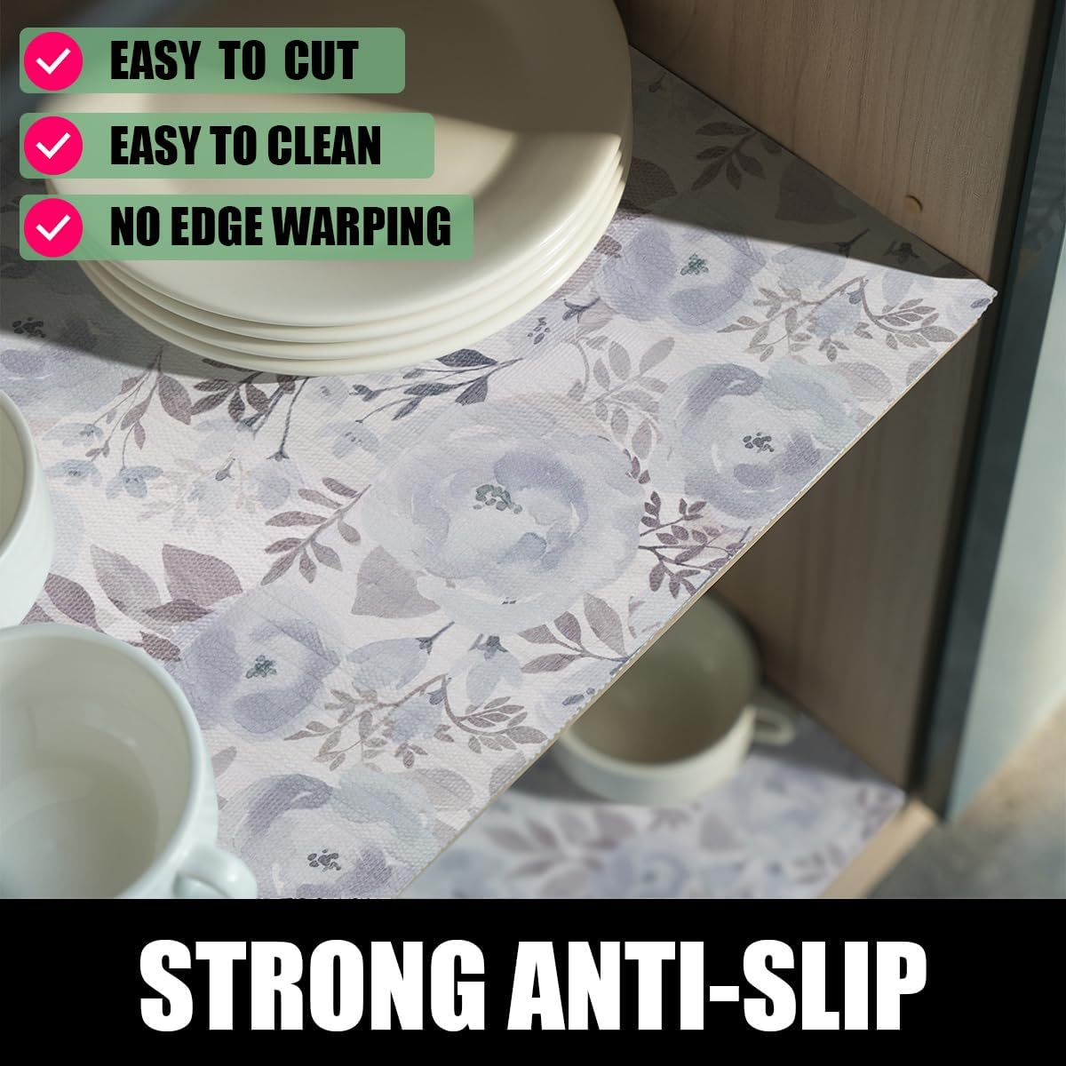 Blue Peony Shelf and Drawer Liner for Kitchen,Non-Adhesive and Strong Non-Slip Floral Cabinet Drawer Liners for Kitchen Shelf, Waterproof Cupboard Liners,Easy to Clean,12IN x 10FT
