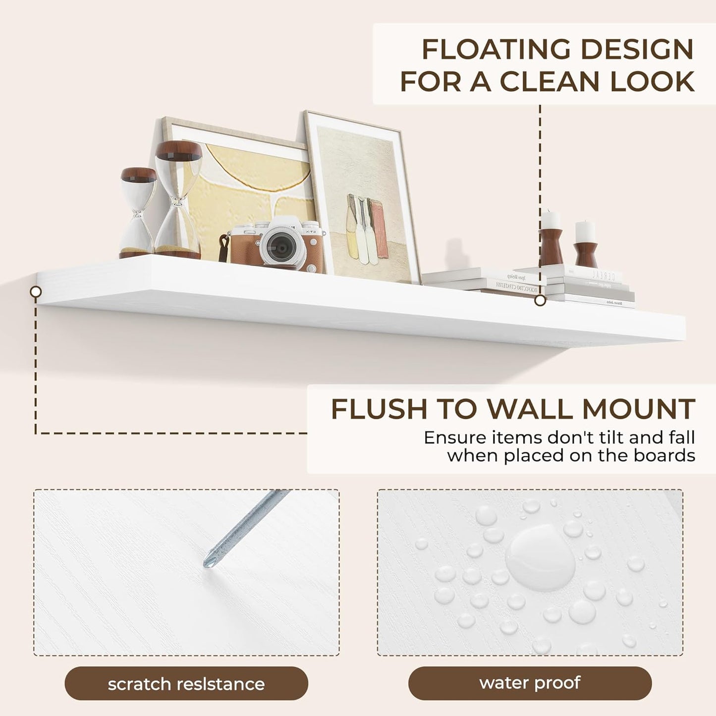 RICHFOCUS 55Inch Floating Shelves for Wall 2 Pack Shelves for Bedroom|Kitchen|Bathroom Wall Mounted Rustic Wood Floating Shelf with Invisible Brackets for Books|Storage|Decor, White