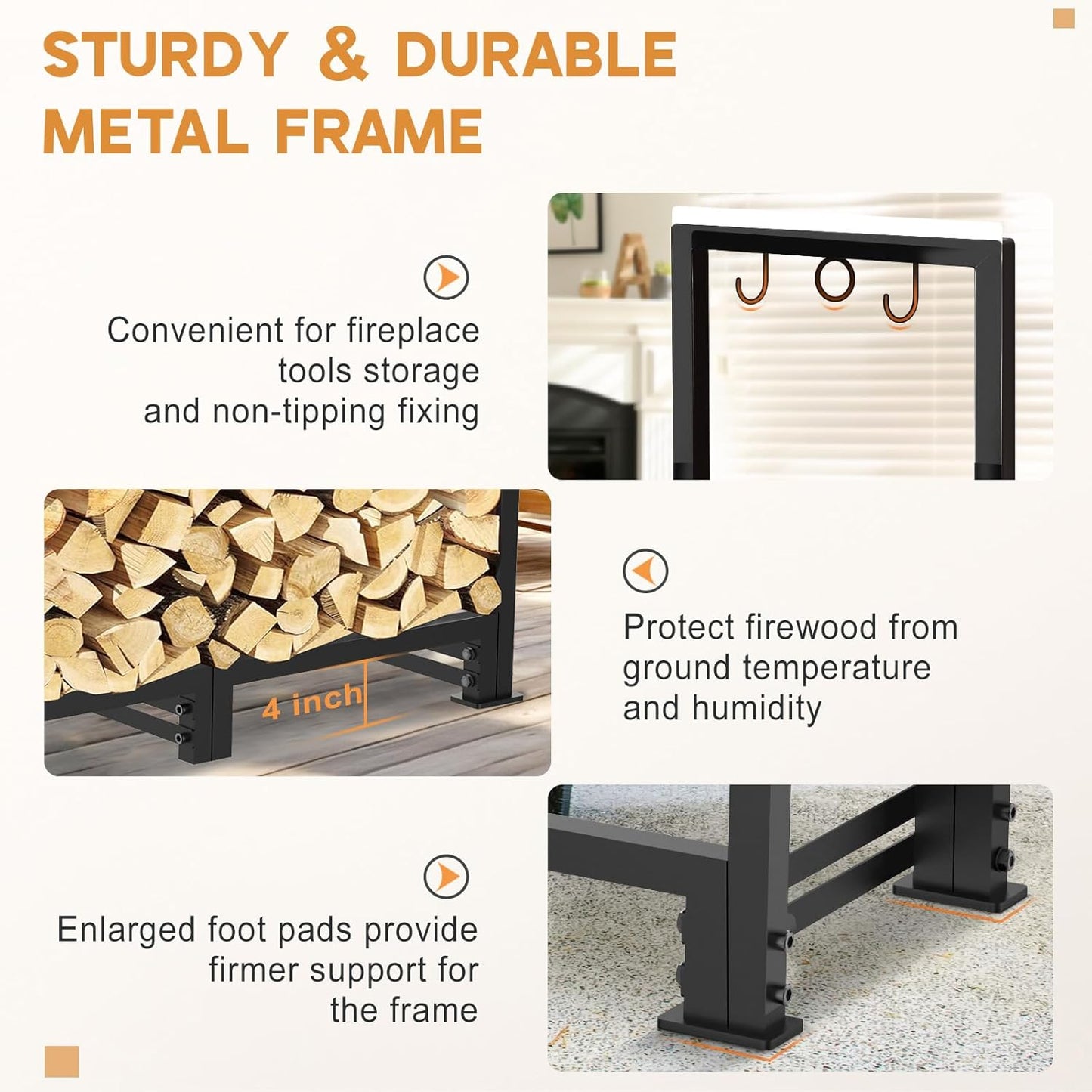 8ft Firewood Rack Outdoor with Waterproof Widened Cover, Heavy Duty Firewood Holder Included Supporting Strap, Powder-coated Wood Rack for Firewood Storage