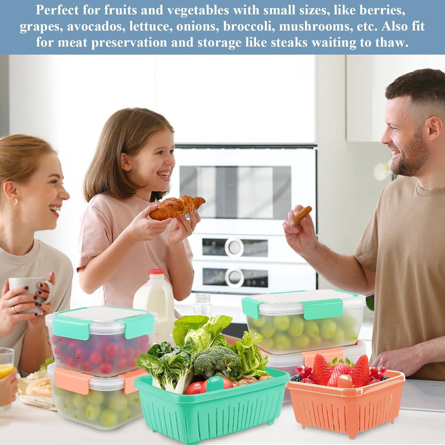 50oz Berry Keeper Fruit Storage Container for Fridge, Fresh Food Produce Saver Containers with Removable Drain Colander, Vegetable Lettuce Keeper Bowl, Refrigerator Organizer, PRESS TO OPEN CLOSE LID