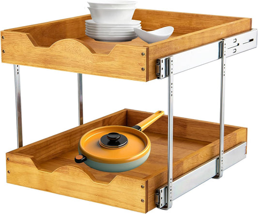 DINDON 2 Tier Wood Pull Out Cabinet Organizer (17" W x 18" D) Heavy-Duty Metal Sliding Drawer Shelf, Two Tier Pull Out Shelves for Kitchen Cabinets, Pantry, Bathroom…
