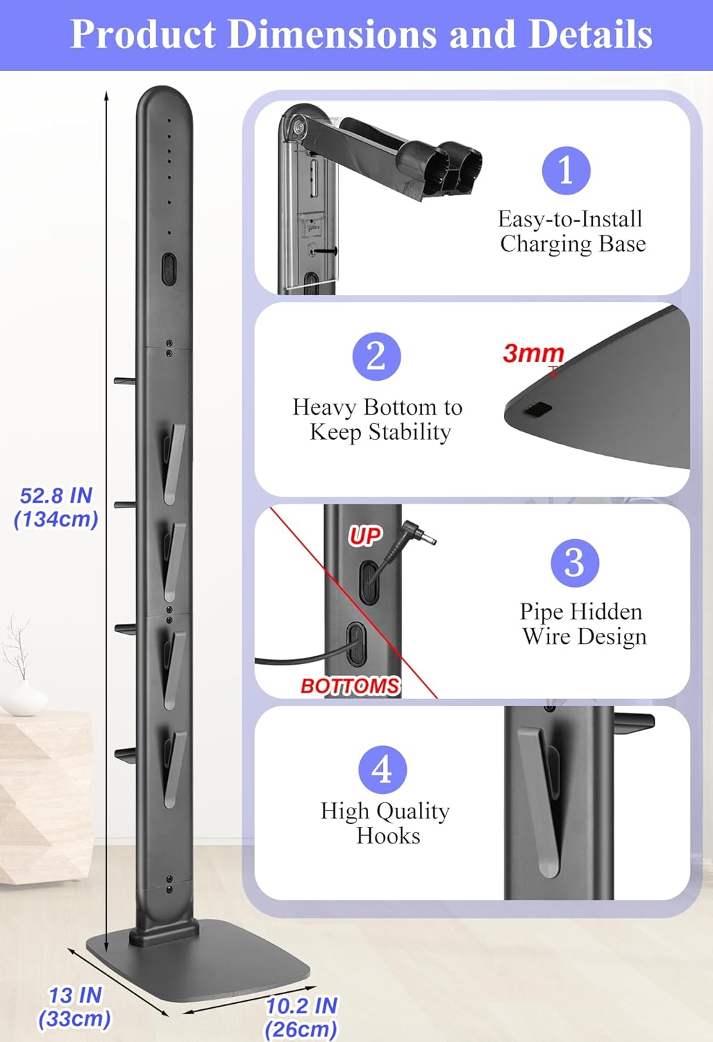 Haturi Premium Vacuum Stand for Dyson Gen5 V15 V12 V11 V10 V8 V7 V6, Metal Attachment Holder with 4 Hooks & 4 Shelves, Hidden Cord Design, Space-Saving Storage Organizer for Dyson Cordless Vacuums