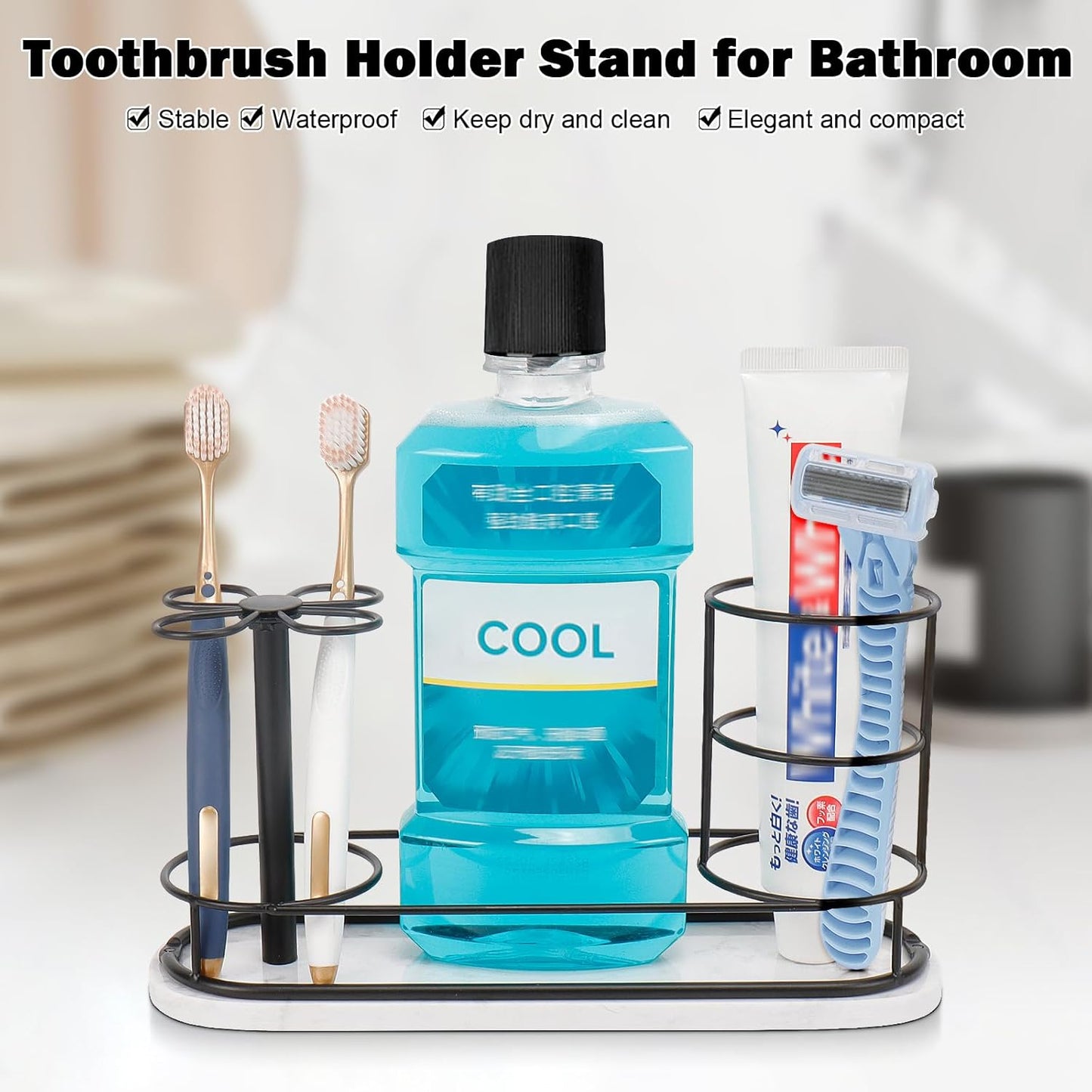 HarJue Toothbrush Holder Stand for Bathroom, Metal Toothbrush Organizer with Marble Base, Toothbrush Storage Collection for Family, Suitable for Home Hotel Countertop Vanity (Large, Matte Black)
