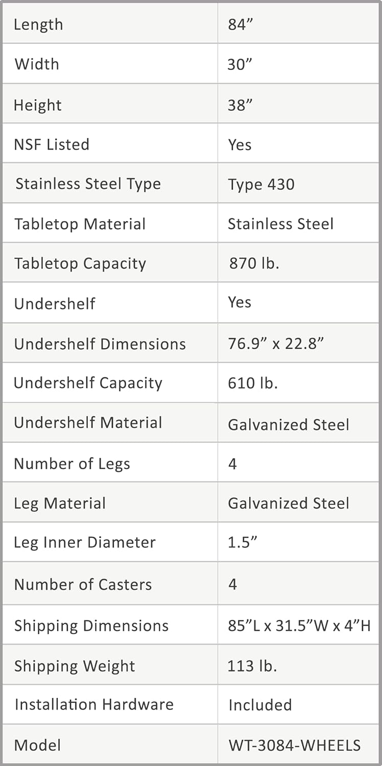 AmGood 84" Long x 30" Deep Stainless Steel Table with Casters
