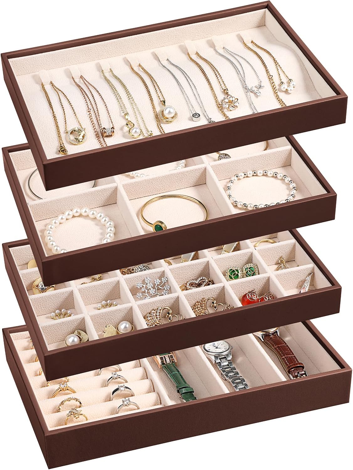 LANDICI Stackable Jewelry Organizer Trays 4 Set,PU Leather Jewelry Organizer Drawer,Jewelry Storage Display Tray for Earring Necklace Rings Bracelet with Removable Dividers,Coffee