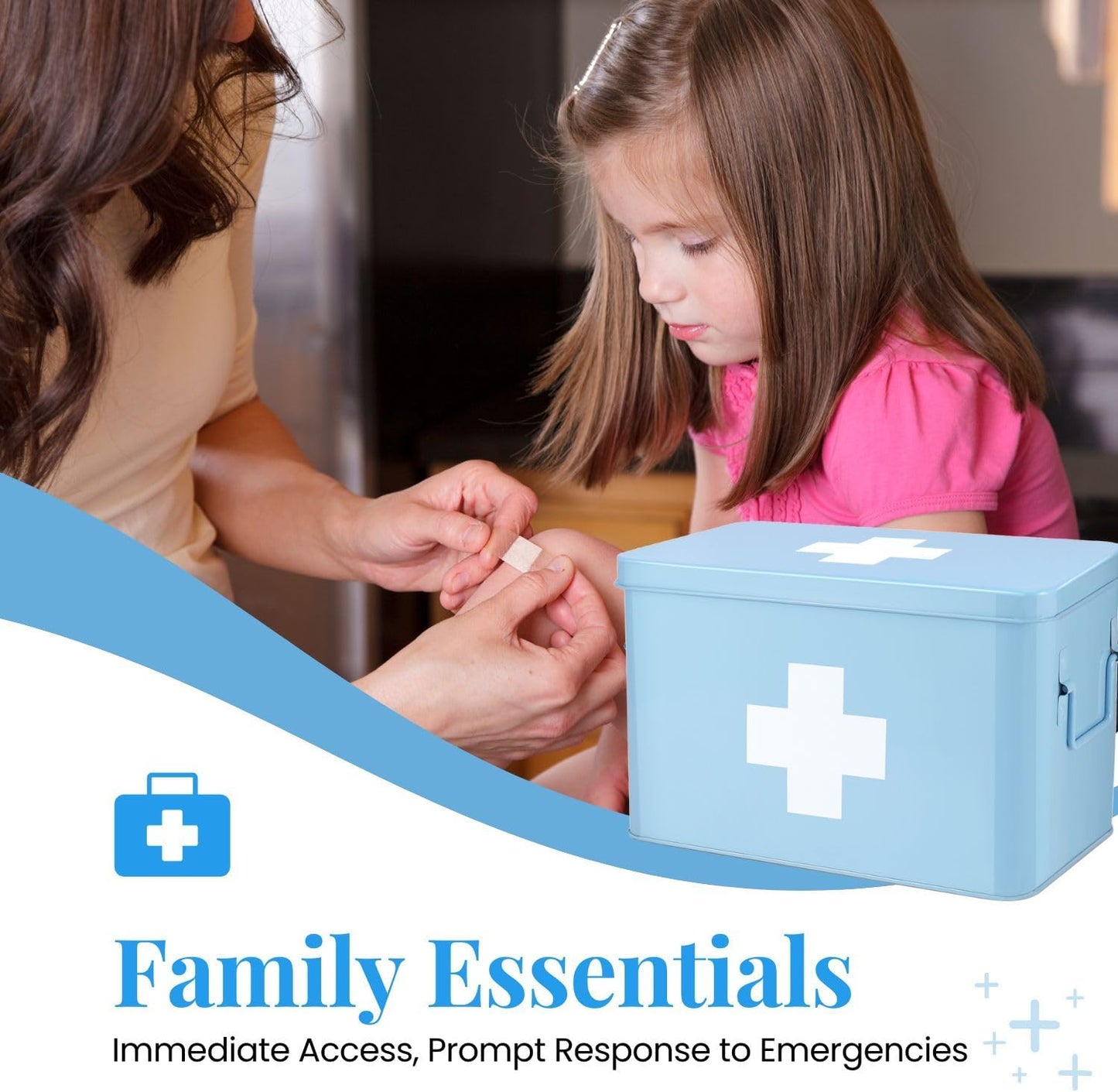 Flexzion First Aid Box Organizer Empty 13" Blue Vintage First Aid Kit Tin Metal Medical Box - First Aid Storage Box Container Bins with Dividers, Removable Tray and White Cross Logo