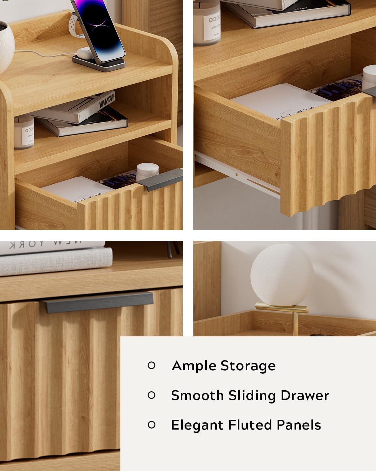 Fluted Floating Nightstands Set of 2 with Drawer, Modern Small Wall Mounted Storage Night Stand with Charging Station, Wood Bedside Table USB C & USB A Ports, Natural Oak