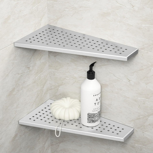 Corner Shower Shelf, 12" Trapezoid Grout in Shelf, 304 Stainless Steel Grid Design Recessed Bathroom Shelf for Tiled Wall