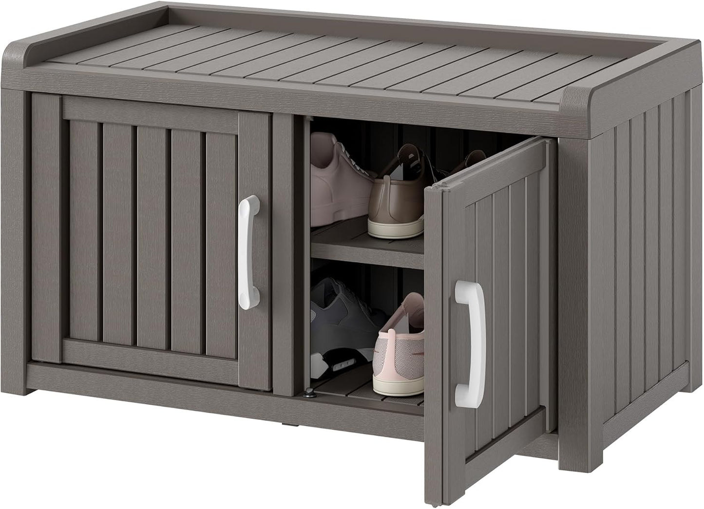 KAMABOKO Shoe Storage Cabinet Waterproof UV-Resistant, Entryway Storage Bench Indoor Outdoor with 2 Barn Doors, Adjustable Shelves for Entryway, Bedroom, Hallway,Living Room(Grey)