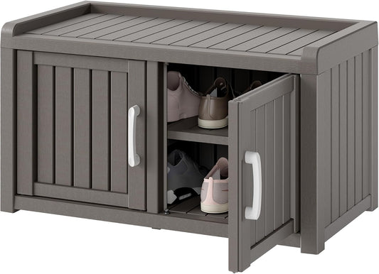 KAMABOKO Shoe Storage Cabinet Waterproof UV-Resistant, Entryway Storage Bench Indoor Outdoor with 2 Barn Doors, Adjustable Shelves for Entryway, Bedroom, Hallway,Living Room(Grey)