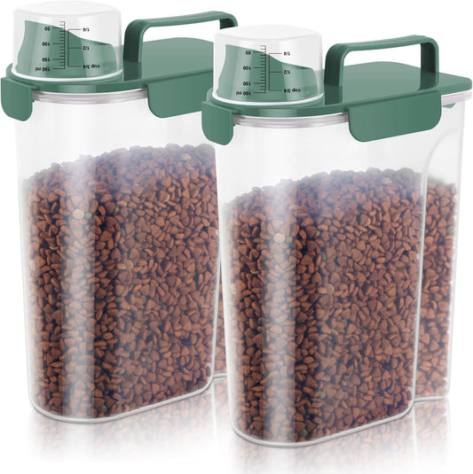 5-7lbs Cat Dog Storage Container Portable with Upgraded Large Spout and Cup, Plastic Pet Food Dispenser BPA-Free for Small Animal Kibble, Bird Seed, Oatmeal, Rice, Flour-2Pack Dark Green
