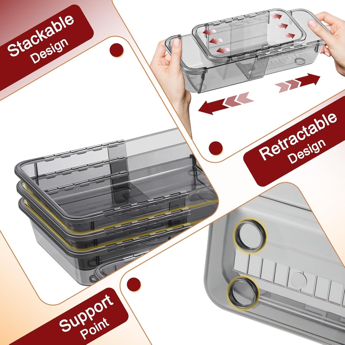 15 Pcs Extendable Clear Drawer Organizer, All Adjustable Vanity Storage Box, 2-Size Desk Drawer Organizer, Acrylic Storage Bins for Makeup, Bedroom Dressers Tool Organizer for Gadgets, Black