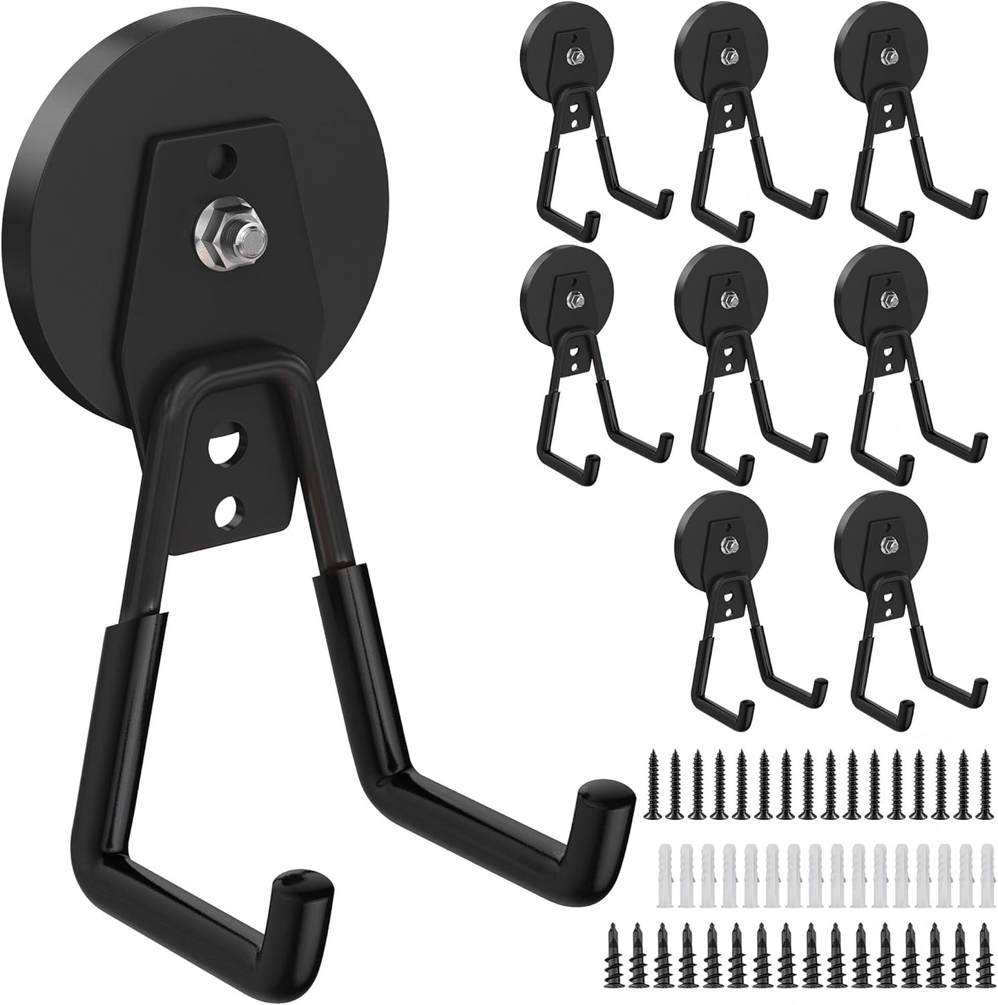 8 Pack Heavy Duty Storage Magnetic Utility Hooks Large Garage Strong Extra Magnet Hooks Hanger with Anti-Slip Coating Heavy Duty Magnetic Hooks for Hanging Power Dril Garage Garden Tools Black
