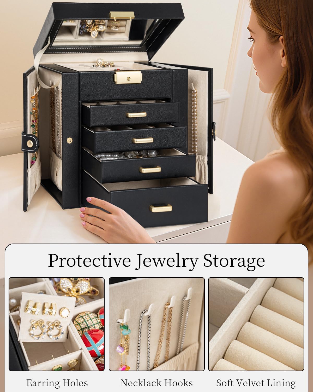 TORIBIO Jewelry Box for Women, Leather Jewelry Organizer with Mirror & Lock, 5-Tier Jewelry Storage Organizer with 4 Drawers for Girls/Women/Mothers, Necklace Earring Bracelets Holder Organizer