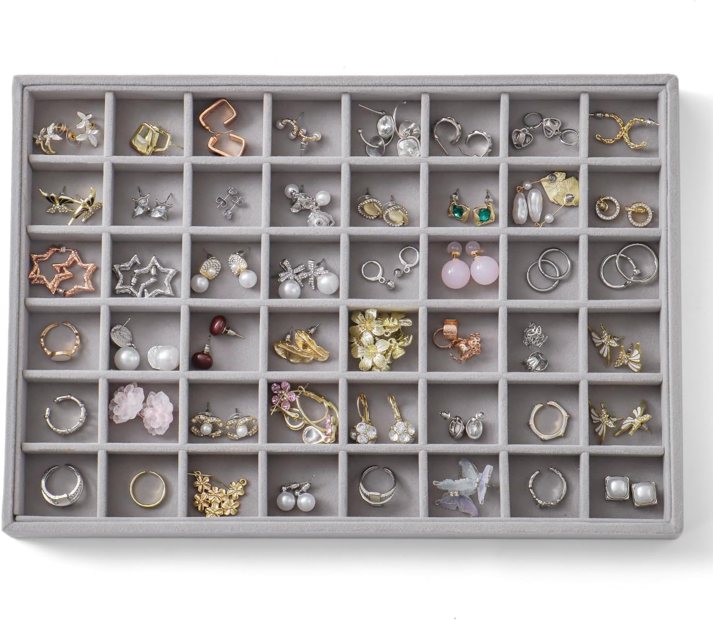 Large Jewelry Organizer for Drawer Insert Velvet Stackable Jewelry Trays for Earring Necklace Bracelet Ring Display (Gray, 48 Grids)