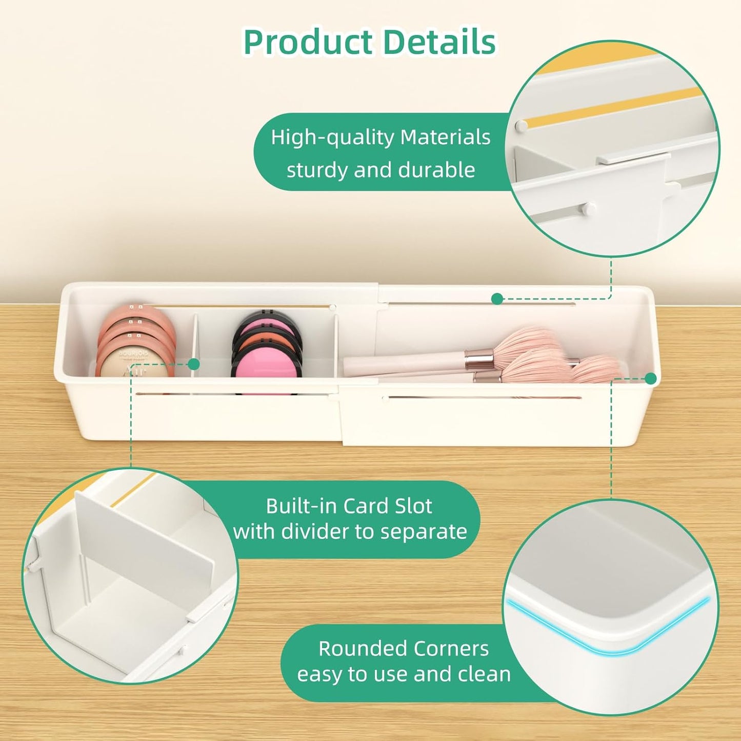 Desk Drawer Organizer Tray, 4 Pack Expandable Drawer Organizer with Dividers Adjustable, Bathroom Organizer Bins for Junk, Office, Makeup, Kitchen Utensil