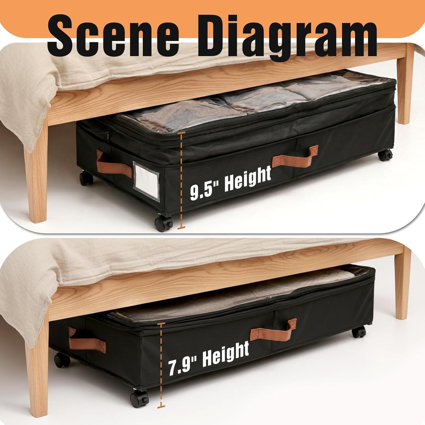 AVOKIHI Under Bed Storage Containers with Wheels, 60L Large Underbed Organizer Box for Clothes, Blankets & Shoes, 9.5 Inch Adjustable Height Under the Bed Storage Bin with Clear Top