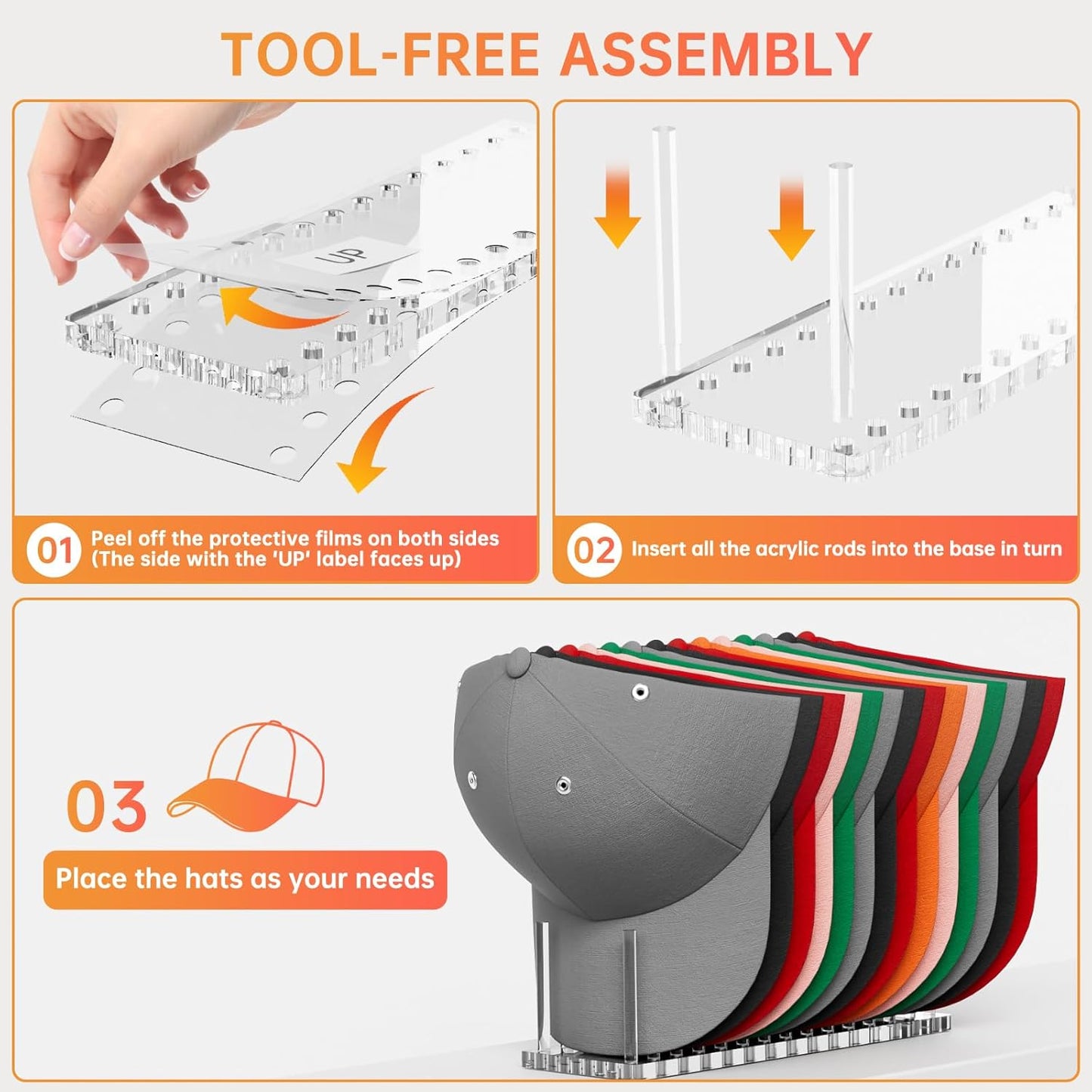 Kadolina Hat Organizer for Baseball Caps, Acrylic Hat Rack for 12 Baseball Caps, Hat Holder Display and Organizer for Closet, Tabletop, Dressing Table (Transparent)