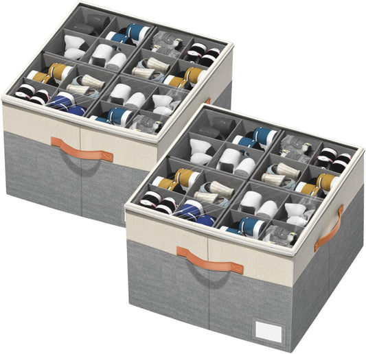 Aokeyee Shoe Organizer for Closet,2 Pack Foldable Shoe Storage Organizer Box Bin with Adjustable Dividers and Clear Cover, Fits up to 16-32 Pairs