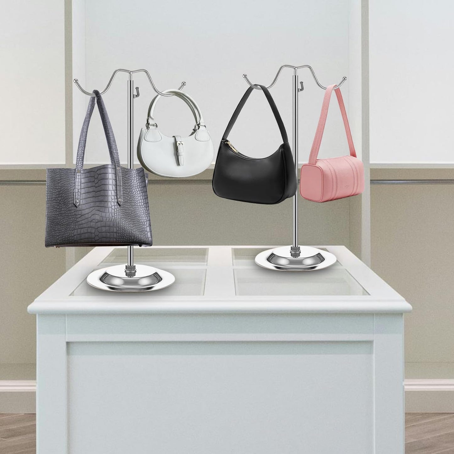 4 PCS Handbag Display Stands Adjustable Purse Display Stand Stainless Steel Double Hook Bag Display Stand Holder for Home Boutiques Store Counter Retail, Silver