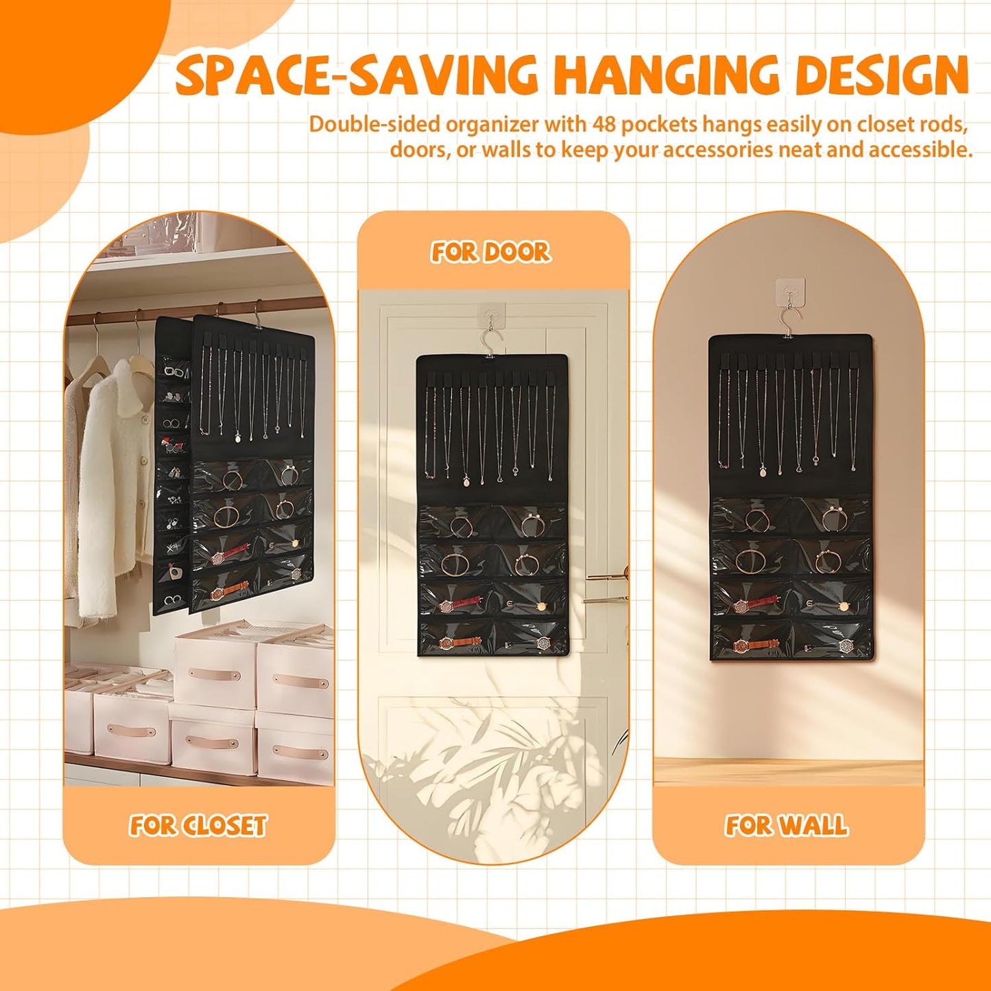 48 Pockets Hanging Jewelry Organizer with Necklace Straps, Double-Sided Black Closet Jewelry Holder for Space-Saving Storage of Earrings, Bracelets & Necklaces